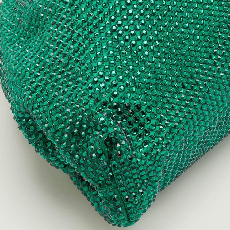 Pre Owned Bottega Veneta The Pouch Mini Green Satin Rhinestones Clutch