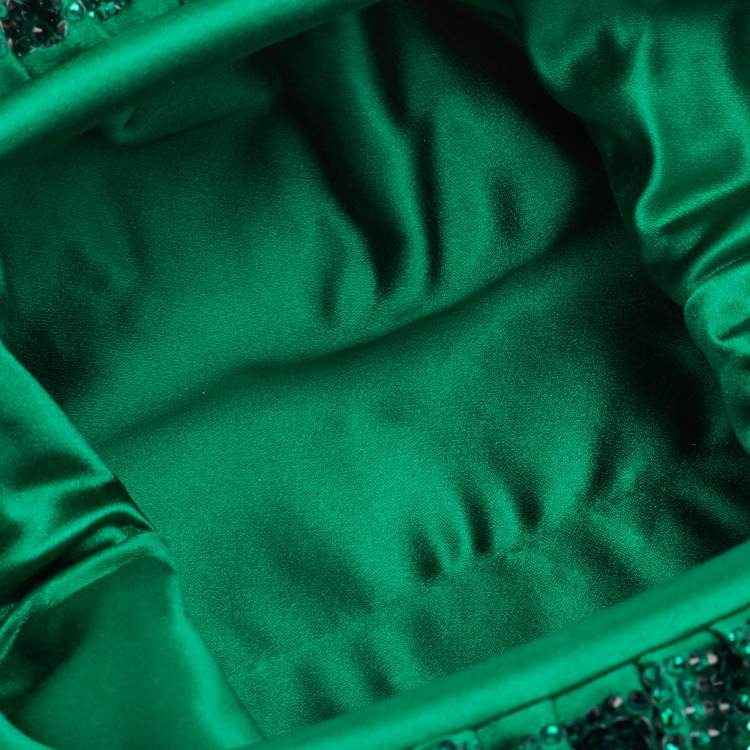 Pre Owned Bottega Veneta The Pouch Mini Green Satin Rhinestones Clutch