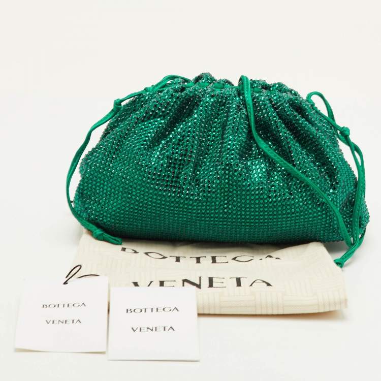 Pre Owned Bottega Veneta The Pouch Mini Green Satin Rhinestones Clutch