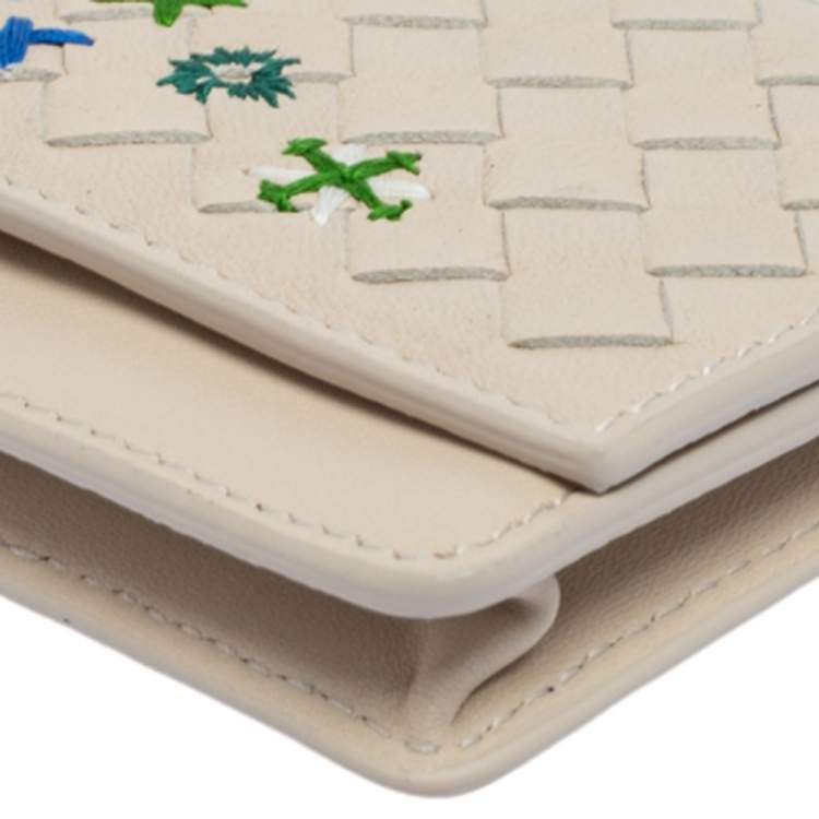 Pre Owned Bottega Veneta Off White Intrecciato Leather Embroidered Business Card Holder