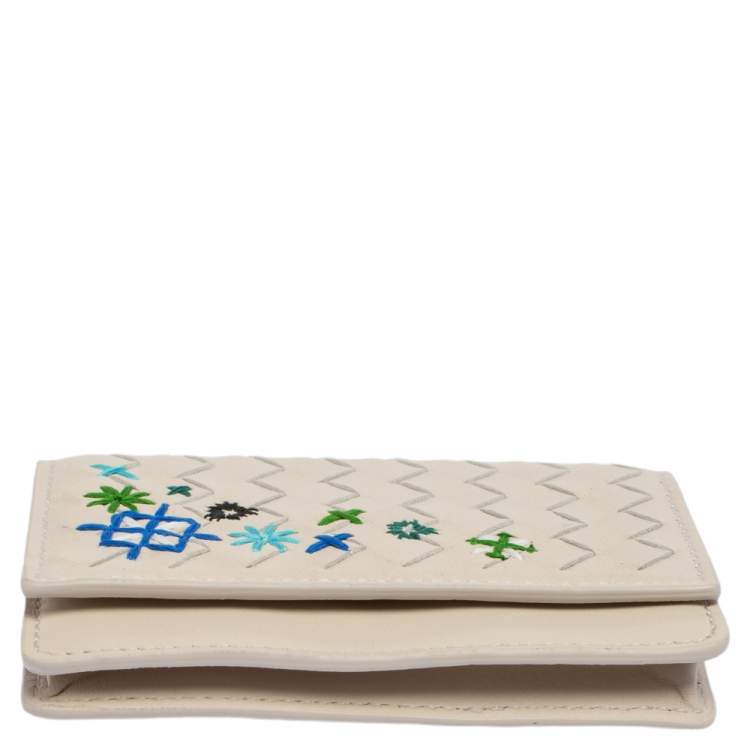 Pre Owned Bottega Veneta Off White Intrecciato Leather Embroidered Business Card Holder