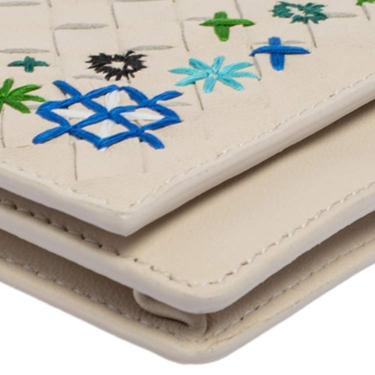 Pre Owned Bottega Veneta Off White Intrecciato Leather Embroidered Business Card Holder