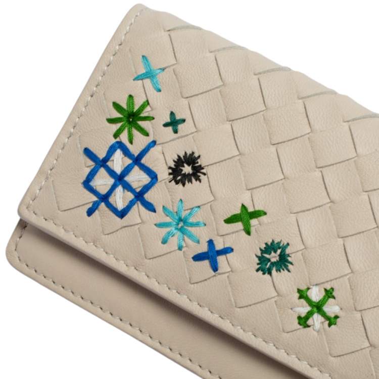 Pre Owned Bottega Veneta Off White Intrecciato Leather Embroidered Business Card Holder