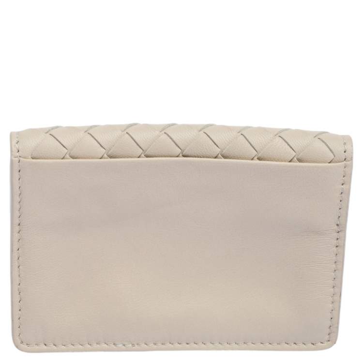 Pre Owned Bottega Veneta Off White Intrecciato Leather Embroidered Business Card Holder
