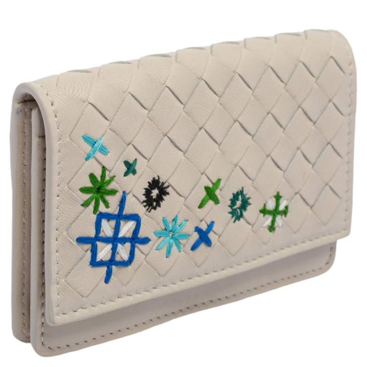 Pre Owned Bottega Veneta Off White Intrecciato Leather Embroidered Business Card Holder