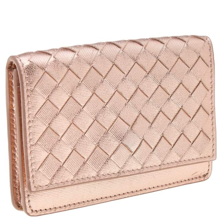 Pre Owned Bottega Veneta Rose Gold Intrecciato Leather Business Card Case