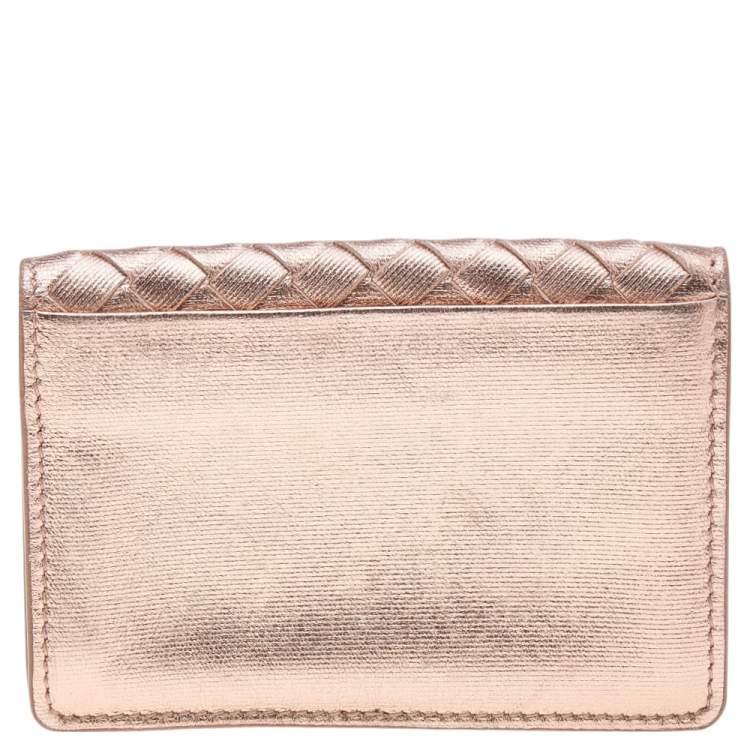 Pre Owned Bottega Veneta Rose Gold Intrecciato Leather Business Card Case
