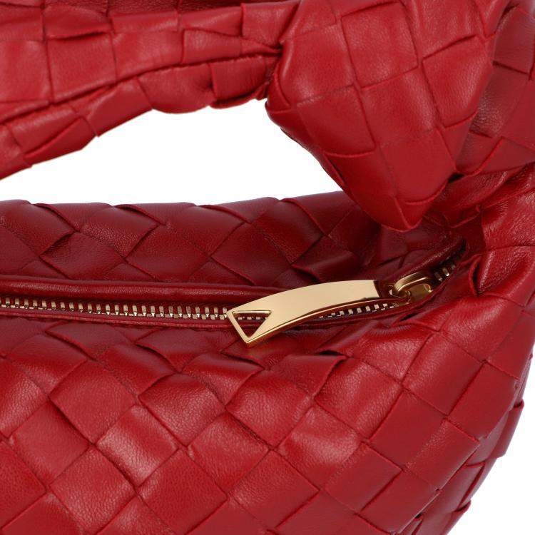 Pre Owned Bottega Veneta Red Leather Intrecciato Mini Jodie Top Handle Bag