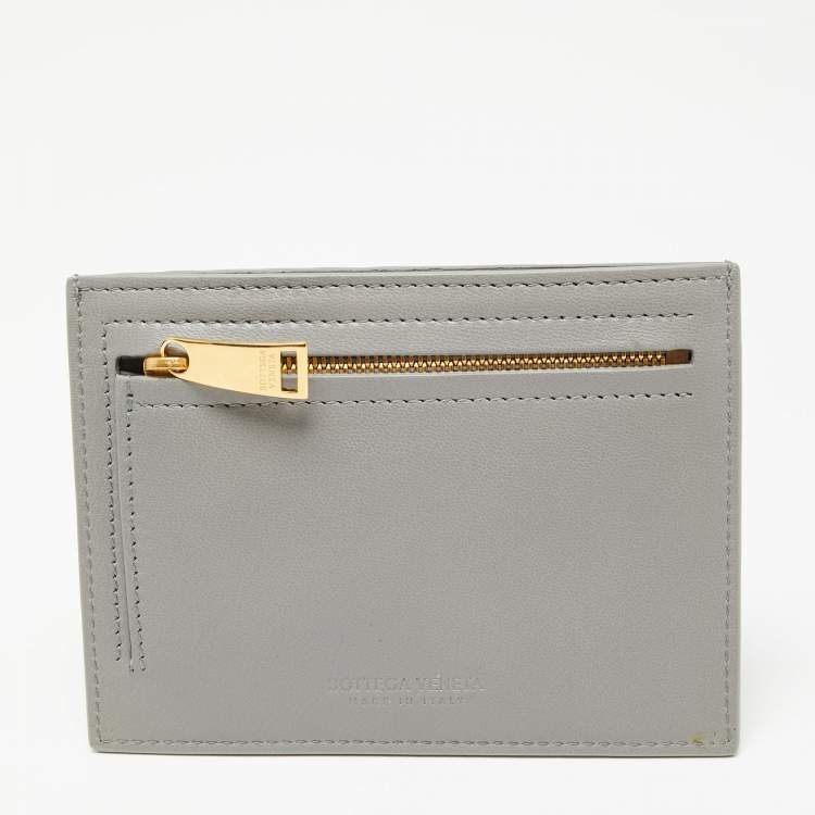 Pre Owned Bottega Veneta Grey Intrecciato Leather Zip Card Holder