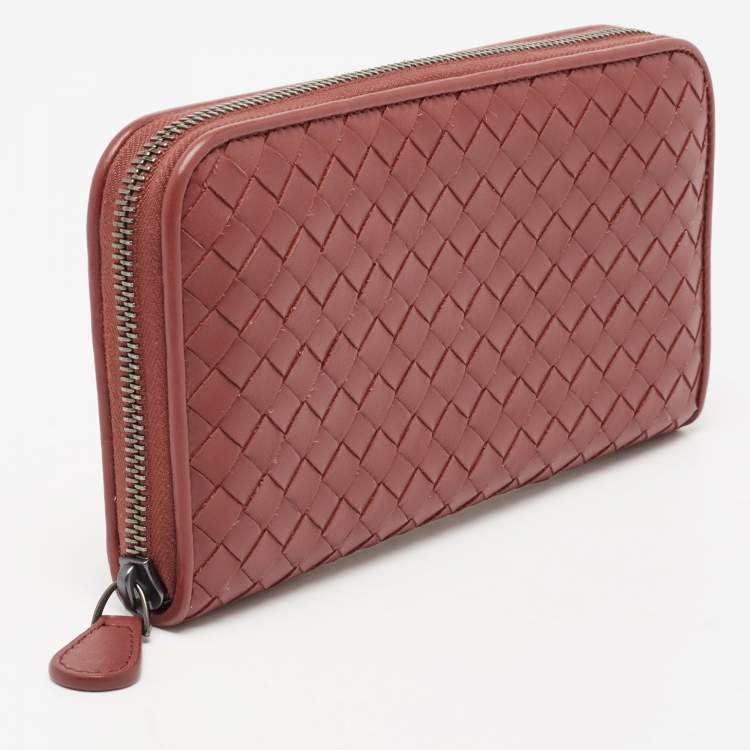 Pre Owned Bottega Veneta Rust Brown Intrecciato Leather Zip Around Wallet