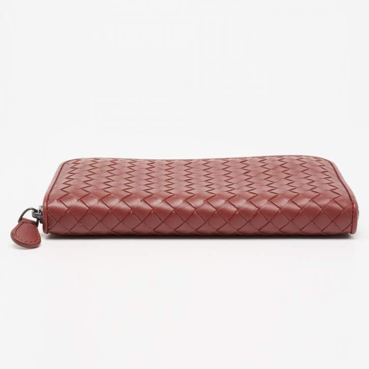 Pre Owned Bottega Veneta Rust Brown Intrecciato Leather Zip Around Wallet