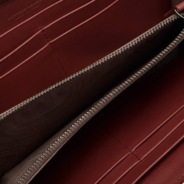 Pre Owned Bottega Veneta Rust Brown Intrecciato Leather Zip Around Wallet