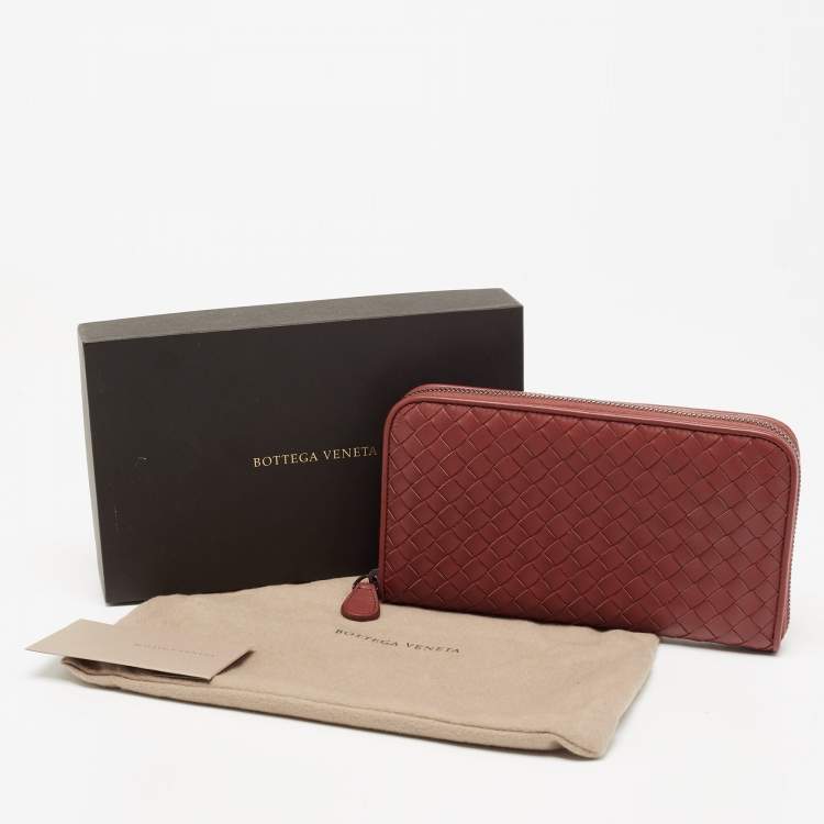 Pre Owned Bottega Veneta Rust Brown Intrecciato Leather Zip Around Wallet