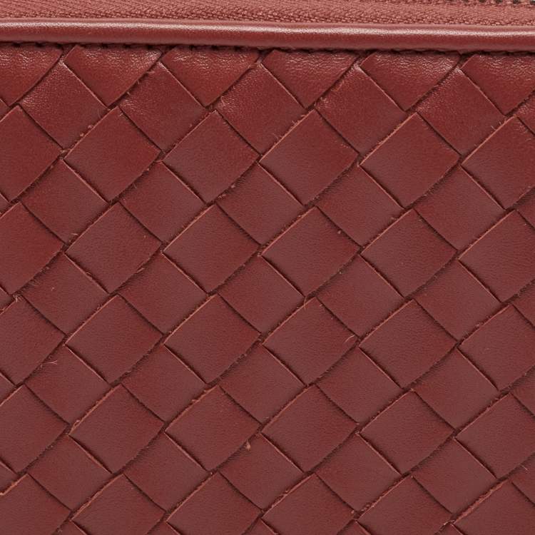 Pre Owned Bottega Veneta Rust Brown Intrecciato Leather Zip Around Wallet