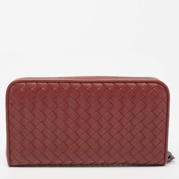 Pre Owned Bottega Veneta Rust Brown Intrecciato Leather Zip Around Wallet
