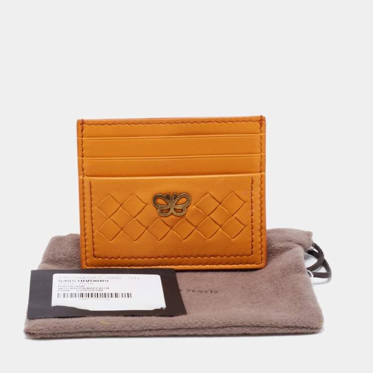 Pre Owned Bottega Veneta Mustard Intrecciato Leather Butterfly Card Holder