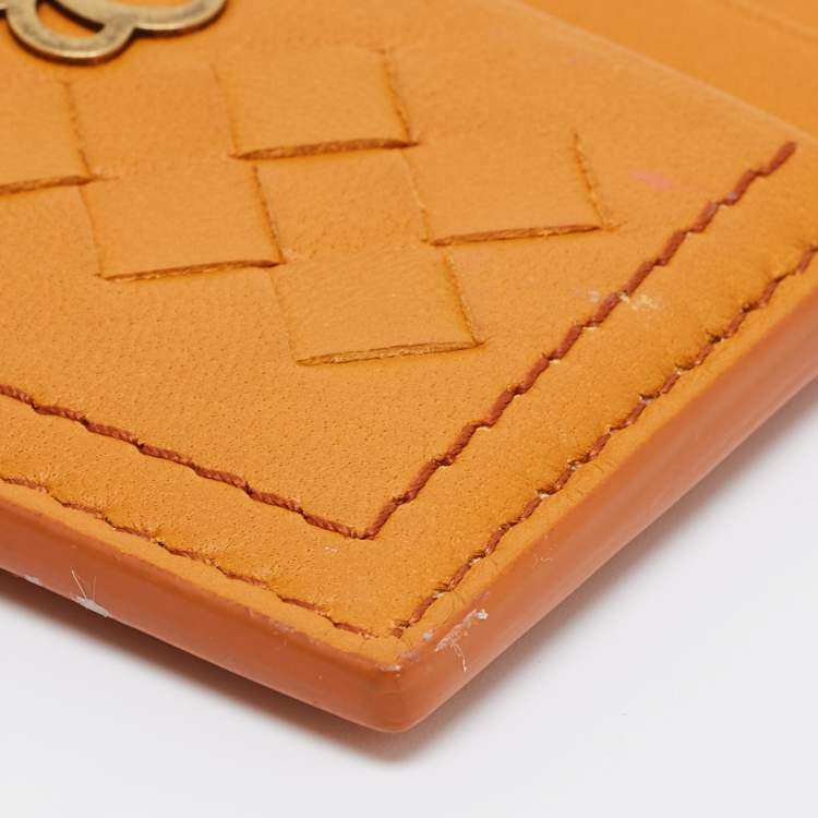 Pre Owned Bottega Veneta Mustard Intrecciato Leather Butterfly Card Holder