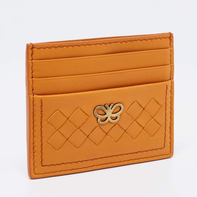 Pre Owned Bottega Veneta Mustard Intrecciato Leather Butterfly Card Holder