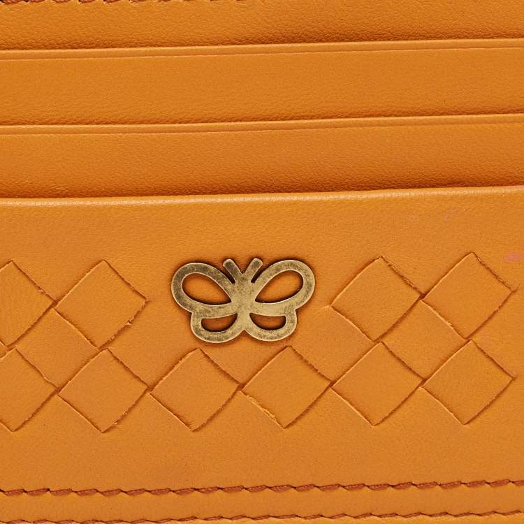 Pre Owned Bottega Veneta Mustard Intrecciato Leather Butterfly Card Holder