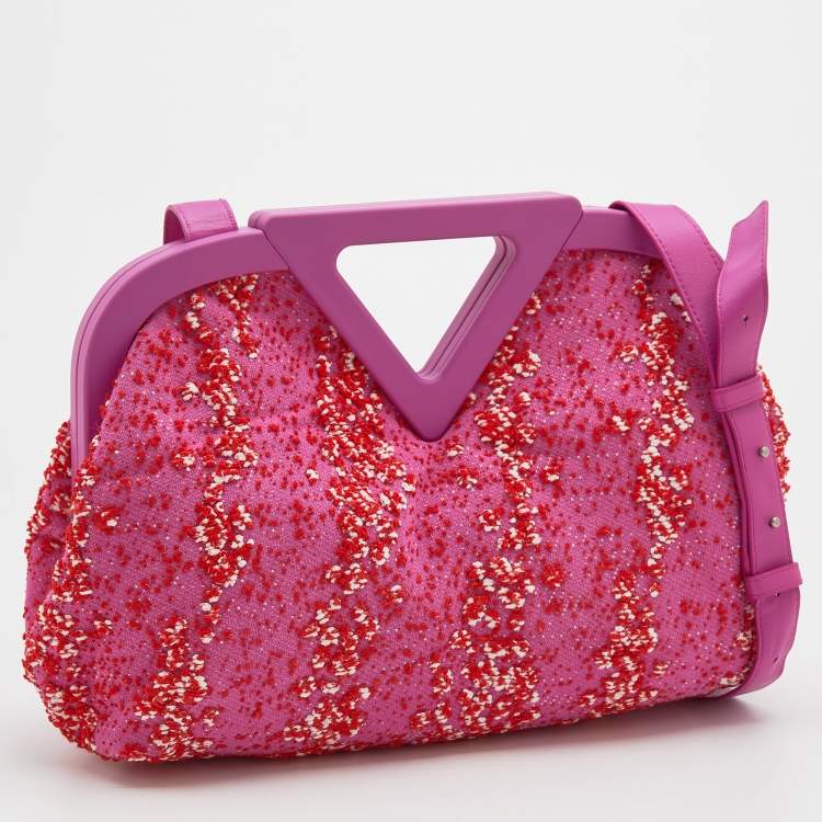 Pre Owned Bottega Veneta Pink Boucle Tweed Point Shoulder Bag