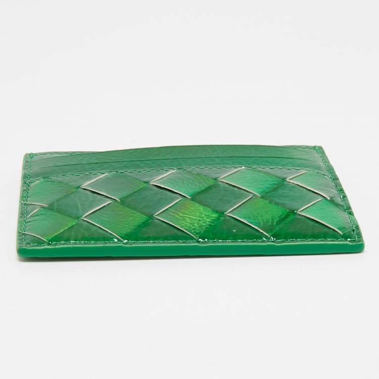 Pre Owned Bottega Veneta Metallic Green Leather Card Holder