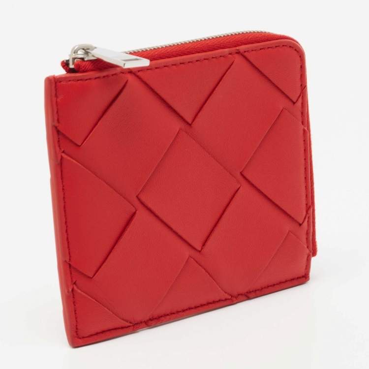 Pre Owned Bottega Veneta Red Intrecciato Leather Half Zip Wallet