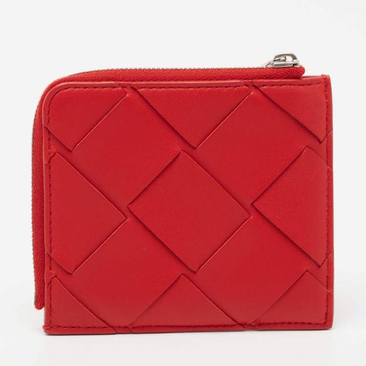 Pre Owned Bottega Veneta Red Intrecciato Leather Half Zip Wallet