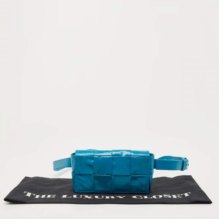 Pre Owned Bottega Veneta Teal Blue Intrecciato Leather Mini Cassette Belt Bag
