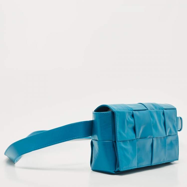 Pre Owned Bottega Veneta Teal Blue Intrecciato Leather Mini Cassette Belt Bag