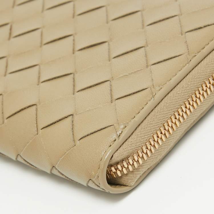 Pre Owned Bottega Veneta Khaki Green Intrecciato Leather Zip Around Wallet