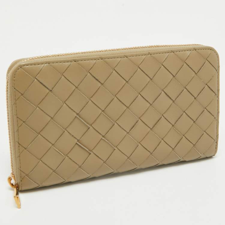 Pre Owned Bottega Veneta Khaki Green Intrecciato Leather Zip Around Wallet