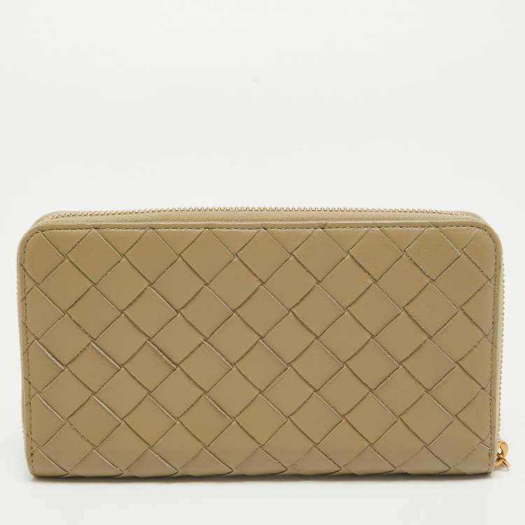 Pre Owned Bottega Veneta Khaki Green Intrecciato Leather Zip Around Wallet
