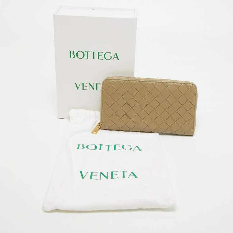 Pre Owned Bottega Veneta Khaki Green Intrecciato Leather Zip Around Wallet
