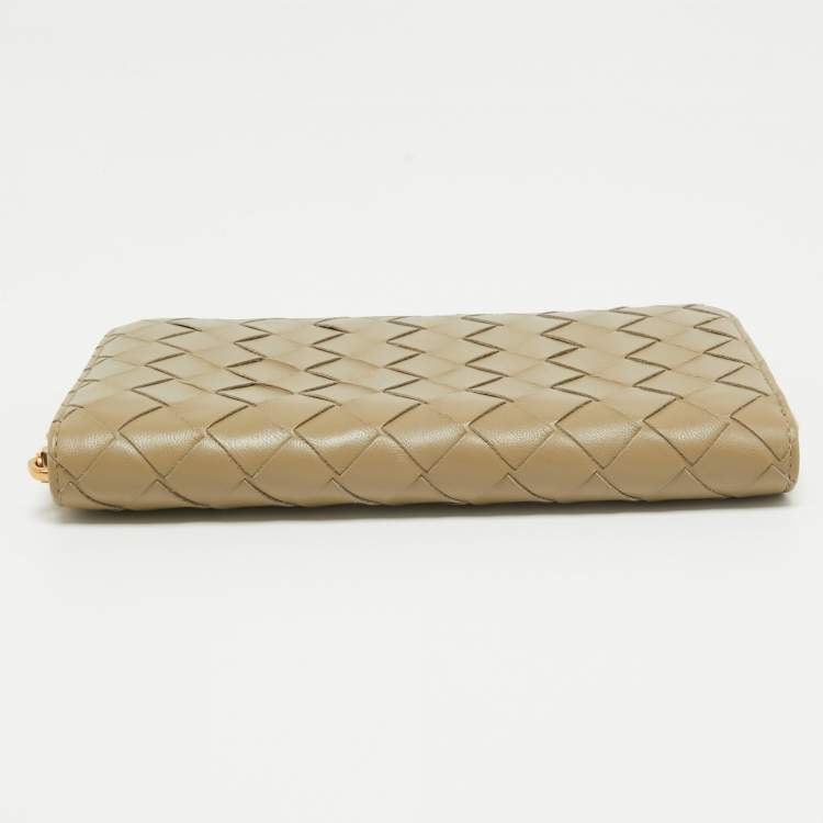Pre Owned Bottega Veneta Khaki Green Intrecciato Leather Zip Around Wallet