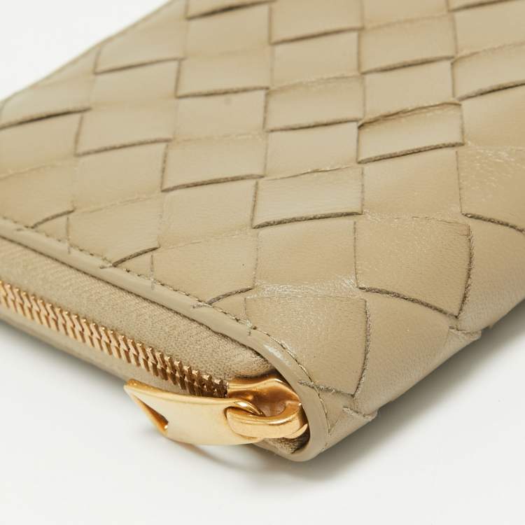 Pre Owned Bottega Veneta Khaki Green Intrecciato Leather Zip Around Wallet