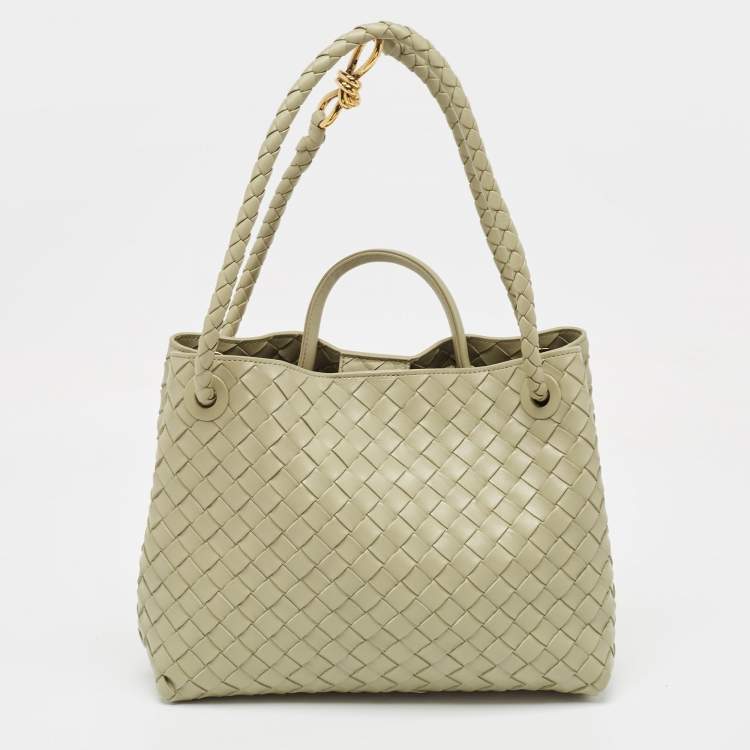 Pre Owned Bottega Veneta Khaki Green Intrecciato Leather Medium Andiamo Top Handle Bag