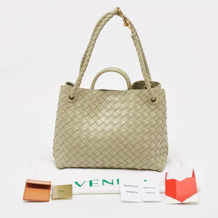 Pre Owned Bottega Veneta Khaki Green Intrecciato Leather Medium Andiamo Top Handle Bag