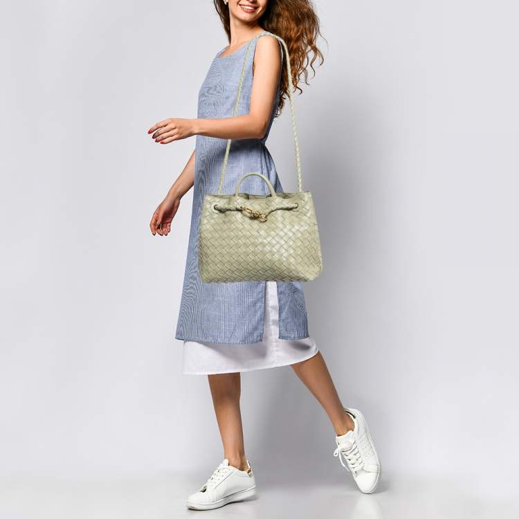 Pre Owned Bottega Veneta Khaki Green Intrecciato Leather Medium Andiamo Top Handle Bag