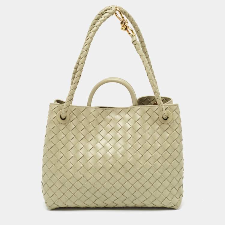 Pre Owned Bottega Veneta Khaki Green Intrecciato Leather Medium Andiamo Top Handle Bag