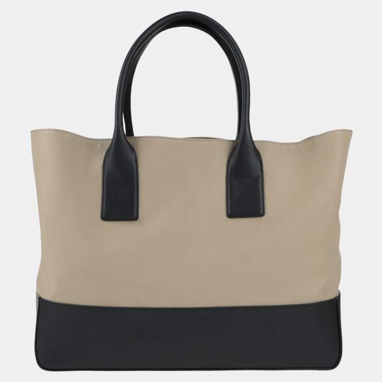 Pre Owned Bottega Veneta Beige/Black Fabric and Leather Tote