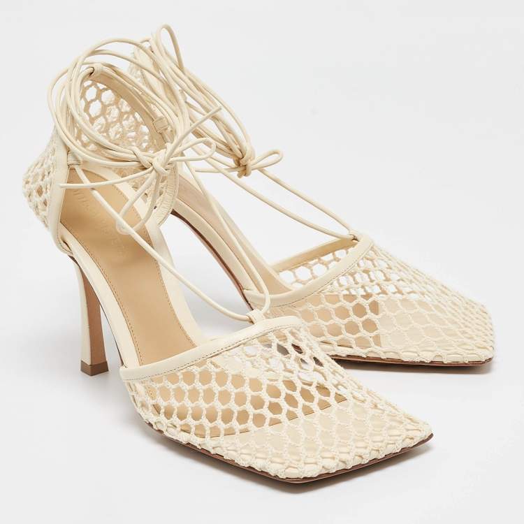 Pre Owned Bottega Veneta Cream Mesh and Leather Stretch Pumps Size 41