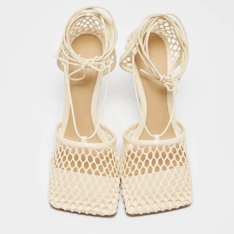 Pre Owned Bottega Veneta Cream Mesh and Leather Stretch Pumps Size 41