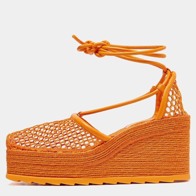 Pre Owned Bottega Veneta Orange Mesh and Leather Wedge Espadrille Ankle Wrap Pumps Size 39