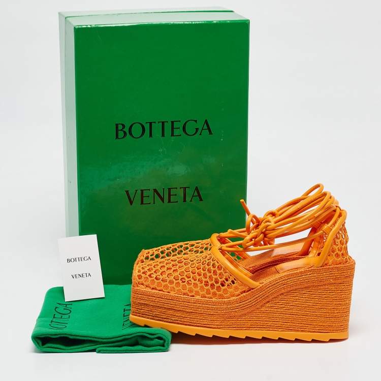 Pre Owned Bottega Veneta Orange Mesh and Leather Wedge Espadrille Ankle Wrap Pumps Size 39