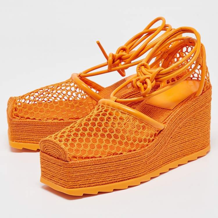 Pre Owned Bottega Veneta Orange Mesh and Leather Wedge Espadrille Ankle Wrap Pumps Size 39