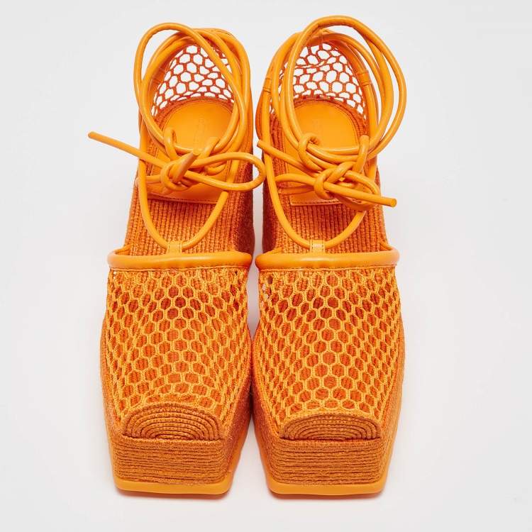 Pre Owned Bottega Veneta Orange Mesh and Leather Wedge Espadrille Ankle Wrap Pumps Size 39