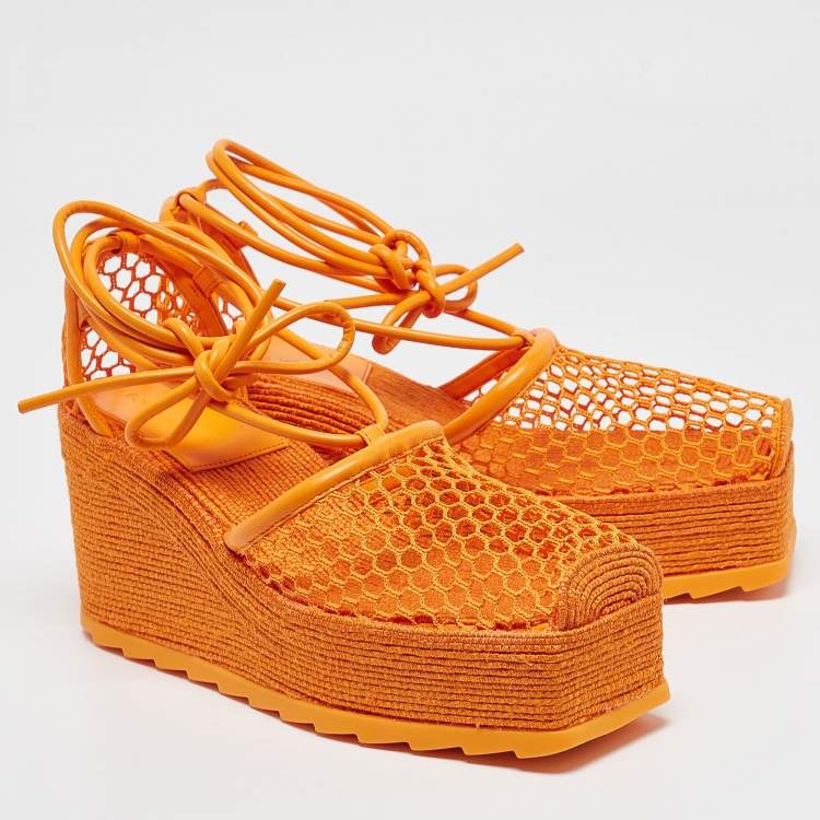 Pre Owned Bottega Veneta Orange Mesh and Leather Wedge Espadrille Ankle Wrap Pumps Size 39
