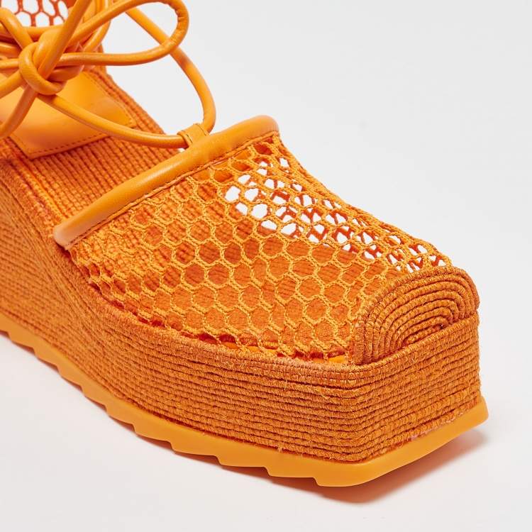 Pre Owned Bottega Veneta Orange Mesh and Leather Wedge Espadrille Ankle Wrap Pumps Size 39