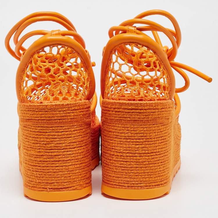 Pre Owned Bottega Veneta Orange Mesh and Leather Wedge Espadrille Ankle Wrap Pumps Size 39