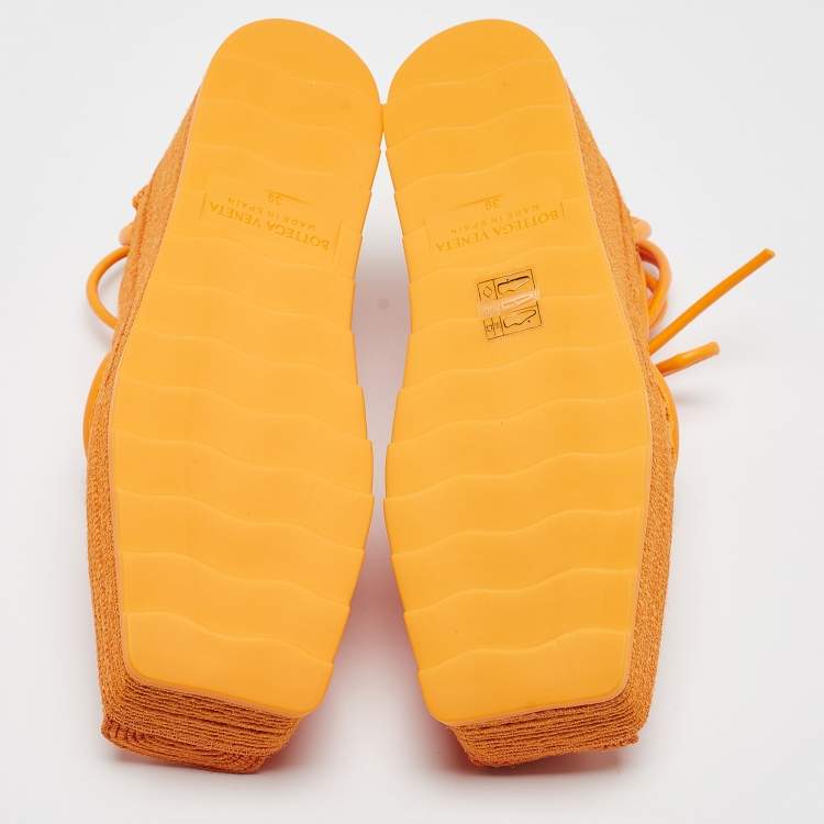 Pre Owned Bottega Veneta Orange Mesh and Leather Wedge Espadrille Ankle Wrap Pumps Size 39